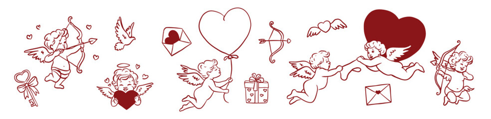 Obraz premium Hand drawn Valentine’s Day illustration set with cute cupids and cherubs flying, shooting arrows, holding hearts, gifts and love letters. Romantic whimsical line art style, perfect for cards, stickers