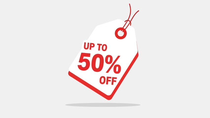 A discount label with up to 50 percent off displayed prominently on a white background