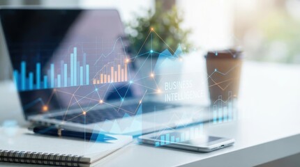 A modern workspace featuring a laptop, smartphone, and analytics graphics, emphasizing business intelligence and data visualization.