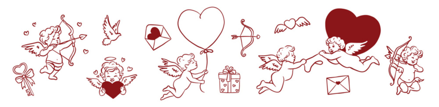 Hand drawn Valentine&rsquo;s Day illustration set with cute cupids and cherubs flying, shooting arrows, holding hearts, gifts and love letters. Romantic whimsical line art style, perfect for cards, stickers