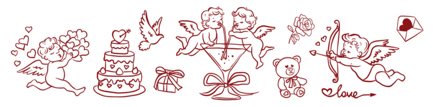 Hand drawn Valentine&rsquo;s Day illustration set with cute cherubs and cupids celebrating love with hearts, cake, gifts, teddy bear and romantic symbols. Whimsical vintage line art style for cards, sticker