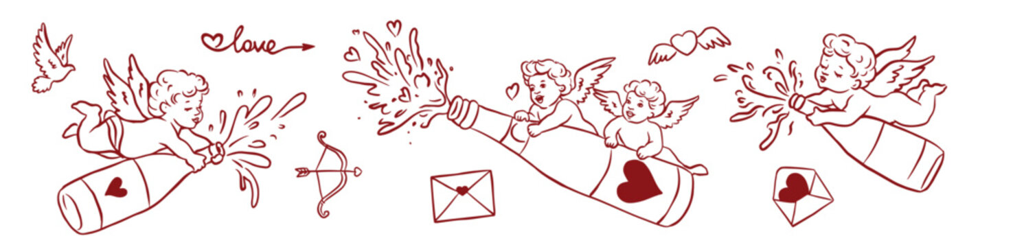Hand drawn Valentine&rsquo;s Day illustration with flying cherubs and cupids spraying love from bottles, sending hearts and letters. Romantic whimsical line art style, perfect for cards, stickers, prints 