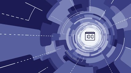 Futuristic calendar icon surrounded by dynamic blue geometric shapes and technology-inspired elements in a radial composition