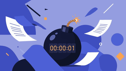 Bomb Countdown with Papers and Shapes in Blue Background Illustration