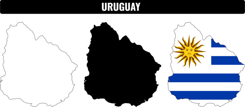 Uruguay shape set with three styles showing outline, solid, and flag design