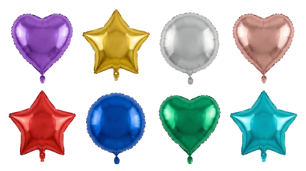 Mylar foil balloon set including heart, star, and round shapes in multiple colors isolated. Birthday party and festive celebration decorations collection.