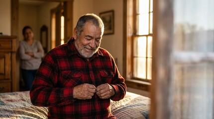 Stout senior man with a grey beard smiling while buttoning his snug plaid shirt in a sunlit bedroom.
