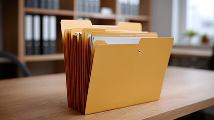 An open accordion file folder filled with papers sits on a wooden desk in a blurred office background