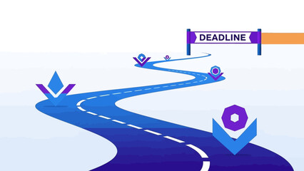 A winding road stretches into the distance with deadline indicators and navigation symbols