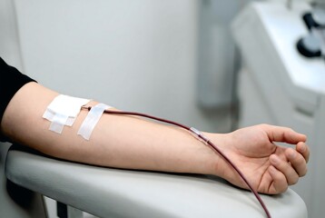 Obraz premium Donor arm with blood collection tube and dressing