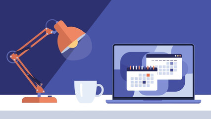 A laptop on a desk displays a calendar with red and blue markers, accompanied by a lamp and a cup.