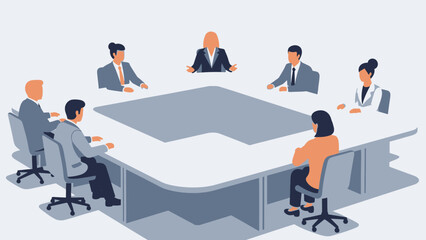 Business professionals engaged in a meeting around a large conference table in a modern office setting