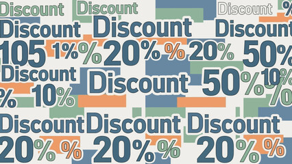 A vibrant collage of discount percentages and words on a clean white background from a straightforward viewpoint