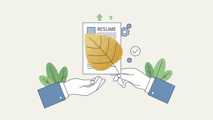 Two hands exchanging a resume with a leaf on it, symbolizing eco-friendly job opportunity in a professional setting