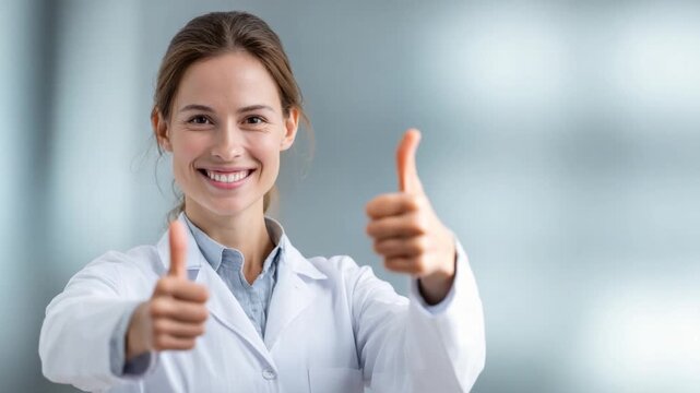 Smiling Medical Professional Gives Thumbs Up: A friendly and skilled healthcare professional in a clean, crisp coat offers a reassuring thumbs-up, conveying positivity and confidence.