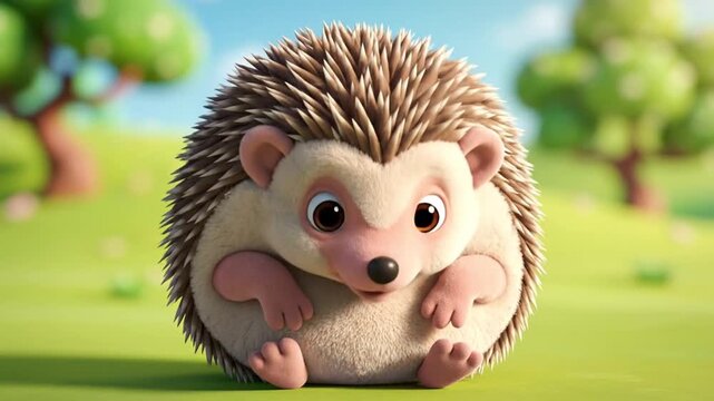 A cartoon hedgehog with big eyes and spiky fur crouching on a green meadow with trees in the background