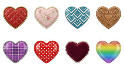Heart shape collection including leather, floral, geometric, wood, plaid, polka dot, velvet, and rainbow designs isolated. Decorative symbols for love and romance.