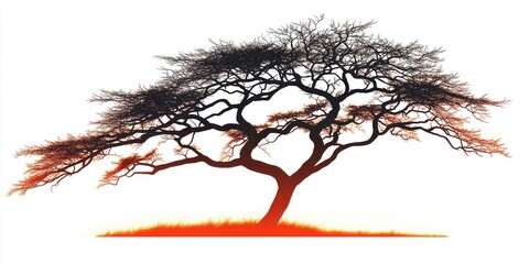 Dramatic Acacia Tree Silhouette with Fiery Orange Glow on Savanna Grass
