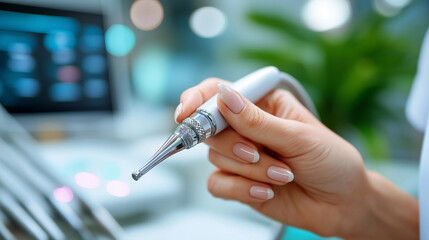 Dentist's hand holds specialized oral, irrigator precise gentle, care attention precision, essential providing patients, superior dental health, treatments display professional, with copy