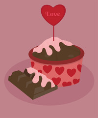Illustration Muffin Chocolate with Love Decoration and Chocolate 