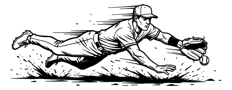 Caucasian Male Baseball Player Dives to Catch Ball with Intense Focus Dynamic Athletic Movement