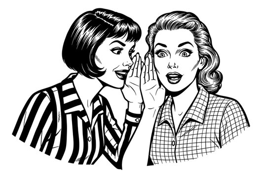Woman secretly whispering to her surprised friend in a retro black and white comic style illustration
