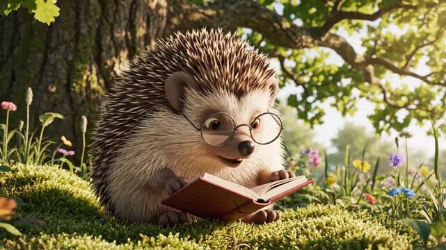 A cartoon hedgehog wearing glasses reads a book under a tree in a serene forest glade