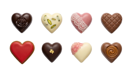Assorted heart shaped chocolate pralines set including dark, milk, white, and ruby varieties with ವಿವಿಧ toppings and fillings. Gourmet confectionery and valentimes day gift collection.