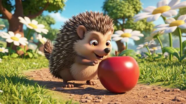 A cartoon hedgehog with a joyful expression stands in a lush green meadow surrounded by flowers holding a shiny red apple.