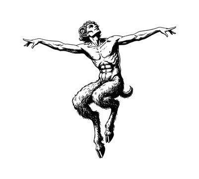 Mythological Satyr Faun Leaping Arms Outstretched Looking Up Ecstatic Vintage Black and White Illustration