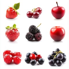 Set of Isolated Fresh Berries Fruits Strawberries Blackberries Cherries Raspberries Blueberries Grapes Apples White Background Top View