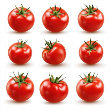 Set of Isolated Fresh Red Tomatoes with Green Stems on Transparent Background Top View PNG
