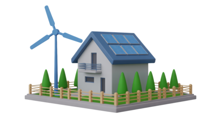 A detailed 3D rendering of a modern house equipped with blue solar panels on the roof and a large blue wind turbine nearby representing renewable ener