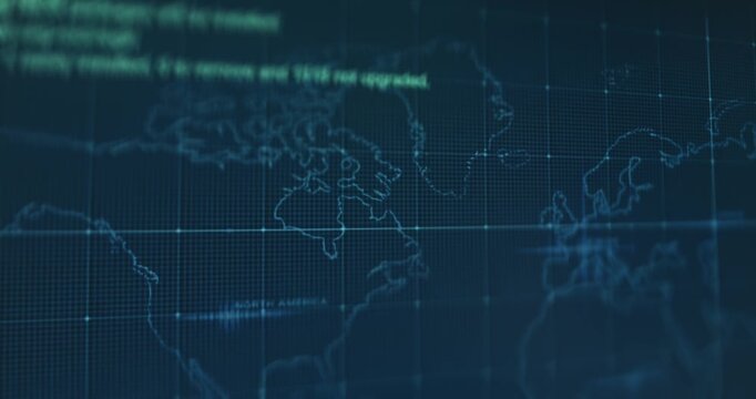 Digital world map with a grid overlay and lines of code