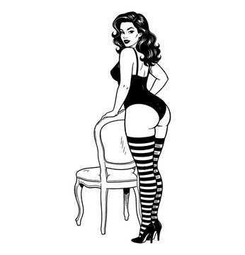 Confident Caucasian pinup woman posing alluringly in a black bodysuit with striped stockings and heels