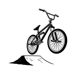 Obraz premium Black and White Illustration of a BMX Bicycle Jumping a Dirt Ramp Showing Action and Extreme Sport
