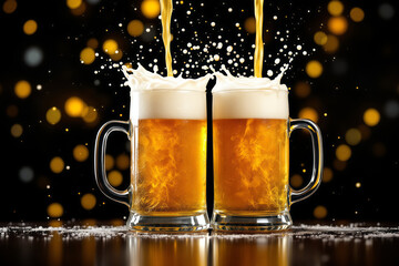 Dynamic Golden Beer Pouring and Splashing into Mugs with Frothy Foam and Bokeh Lights for Festive Celebration and Happy Hour Promotions.