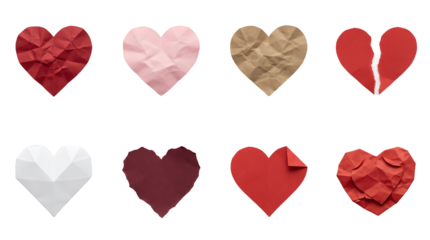 Paper heart set including crumpled, torn, folded, broken, and textured styles isolated. Valentines day and romance concept collection.