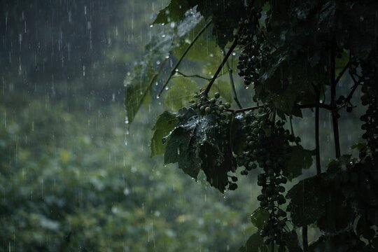 Rain-soaked grapes in a lush garden