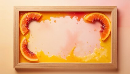 Fresh Citrus Juice Splash with Orange Slices in Wooden Frame