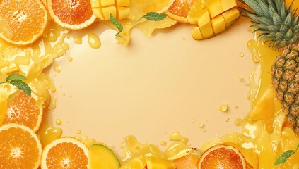 Fresh Tropical Fruits with Juice Splashing on Light Background