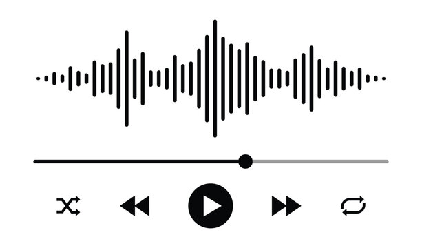 Music player interface with audio waveform isolated on white background. Multimedia template with playback control bar and buttons for digital audio application