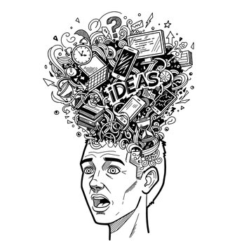 Shocked man's head with creative ideas and technology bursting out in a detailed black and white illustration