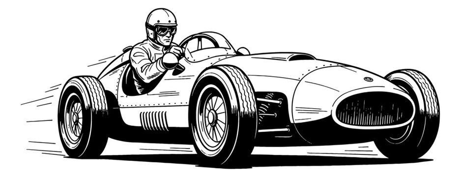 Vintage Race Car Driver in Helmet and Goggles Racing Black and White Detailed Illustration Artwork