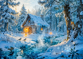 Winter Cottage by the Forest Stream