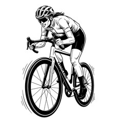 Naklejka premium Woman cyclist riding a road bike with a focused expression wearing helmet and sunglasses black and white vector