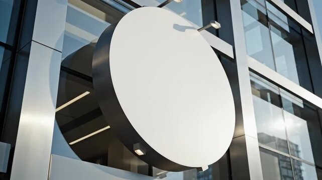 Empty round signage display affixed to a modern architectural glass facade, a perfect outdoor mockup for business branding, advertising campaigns, and corporate identity promotion in an urban setting
