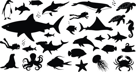 Sea animals and marine life silhouette set, underwater wildlife collection with shark, dolphin, whale, turtle, octopus and scuba diver vector illustration isolated on white background