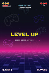 level up. pixel art 8 bit. Retro Futurism Sci-Fi Background. glowing neon grid. and stars from vintage arcade computer games. Vertical Backgrounds © Sumeth
