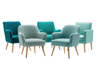 Fototapeta premium four mid-century modern armchairs in varying turquoise, teal, and aqua textures (velvet, bouclé, tweed, linen) and light oak legs, isolated on a transparent backdrop, conveying sophisticated
